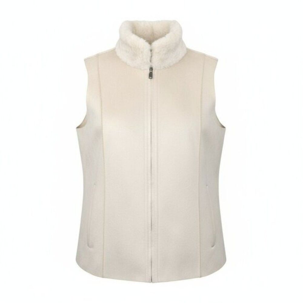 Coldwater Creek Quiet Luxury Faux Fur Collar Vest 2X Cream Full Zip Winter Gilet